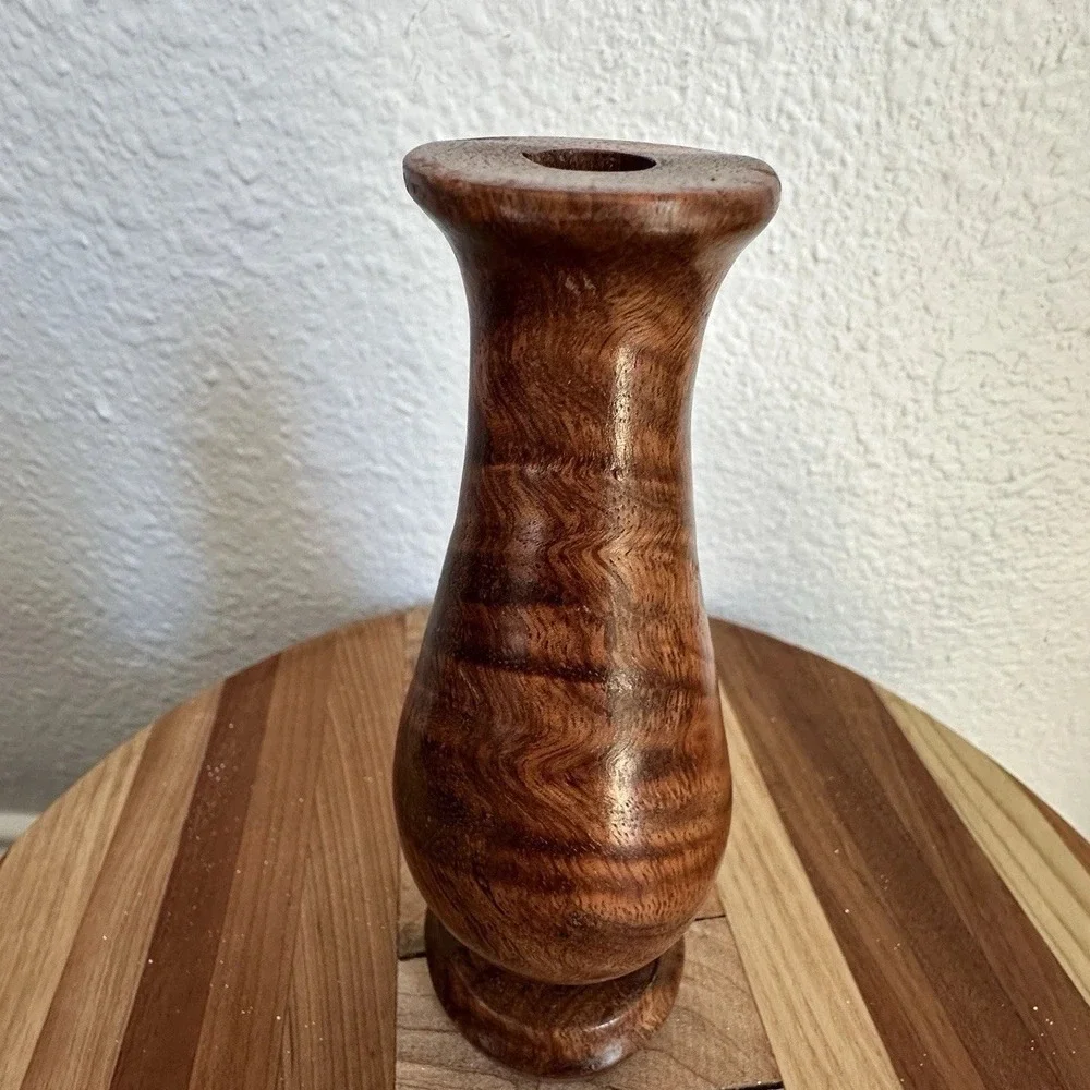 VTG Artisan Crafted Handmade Banded Wood Grain Vase 5.875 Inch Signed MCM Smooth